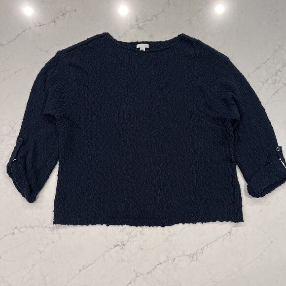 J Jill Womens XL Textured Sweater Navy Blue 100% Cotton Pullover Roll Tab Sleeve - Picture 1 of 8